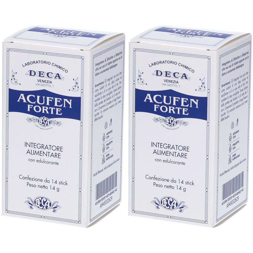 Zwei weiße Kartons mit blauer Schrift. Aufschrift: ACUFEN FORTE, Nahrungsergänzungsmittel. Packung mit 14 Sticks.