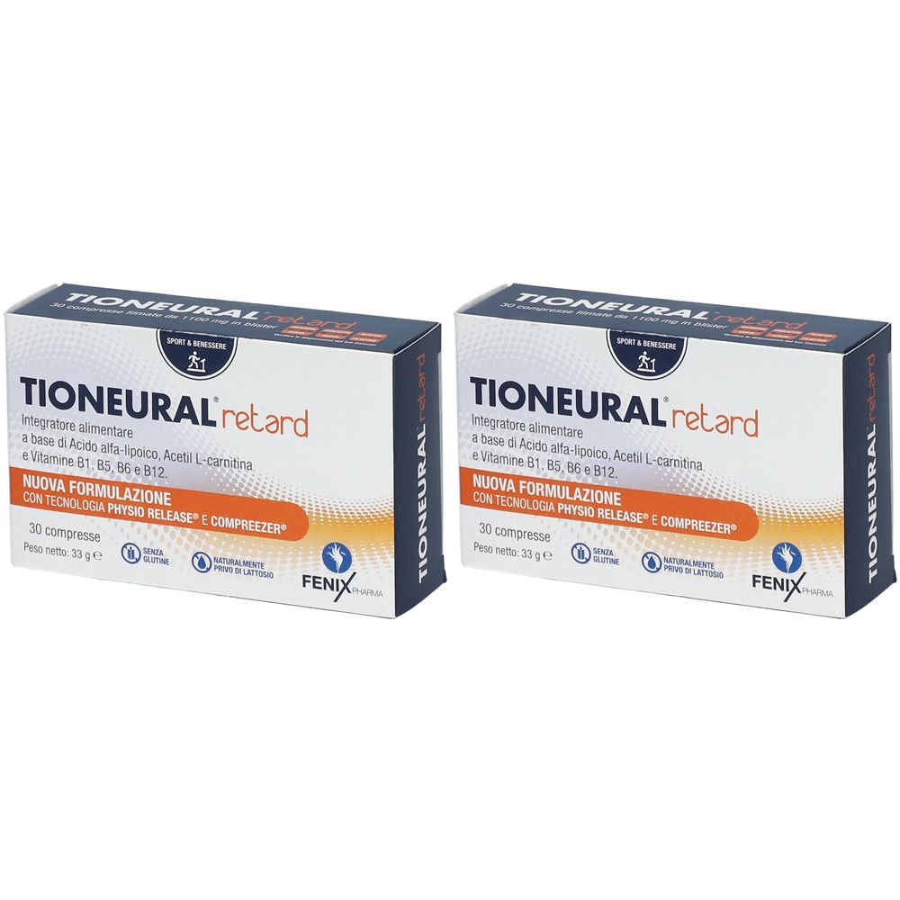 Deux boîtes de TIONEURAL retard. Inscriptions avec ingrédients et logo. Boîtes blanches et bleues.