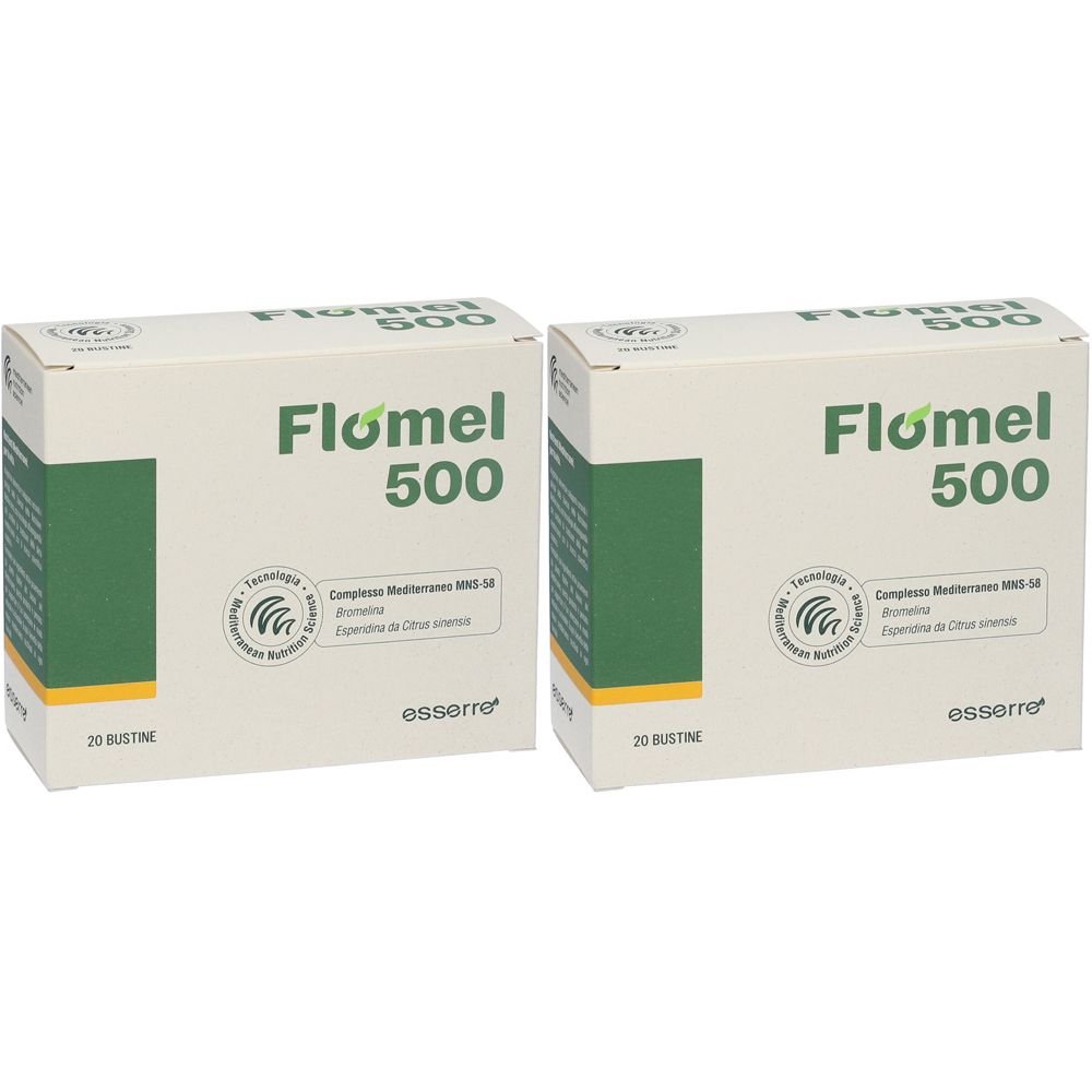 Deux boîtes de Flomel 500. Blanc avec un accent vert. Texte : Flomel 500, esserre, 20 Bustine. Sceaux et texte sur l'emballage.