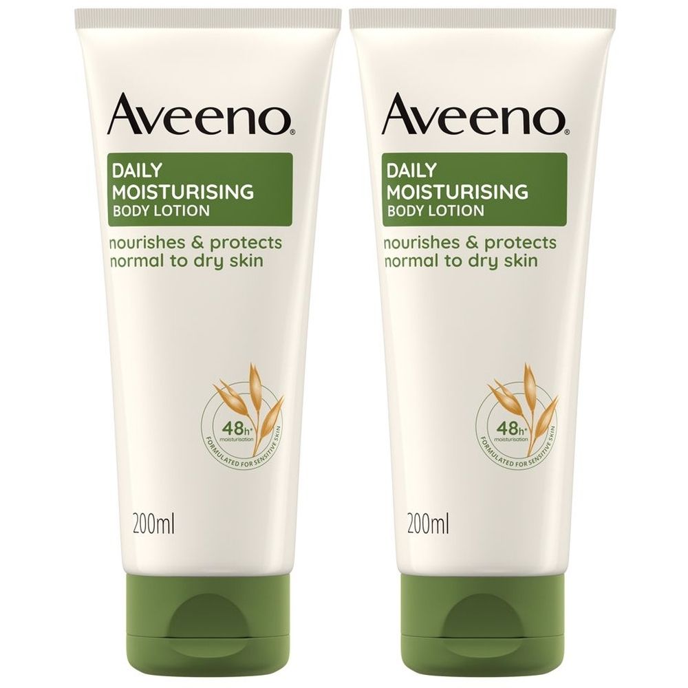 Deux tubes blancs avec bouchons verts. Inscription Aveeno, Daily Moisturising Body Lotion. Pour peaux normales à sèches.