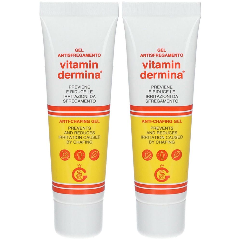 Zwei Tuben Gel Antisfregamento. Weiße Tuben mit roter und gelber Beschriftung. Text: vitamin dermina, Anti-Chafing Gel.