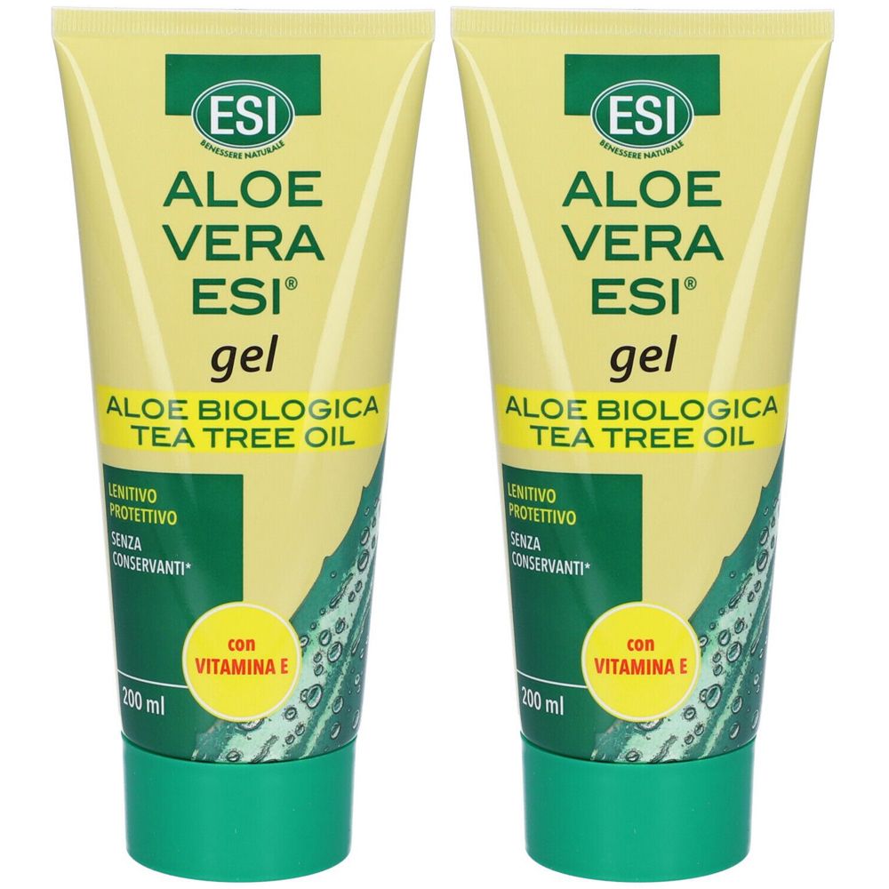 Deux tubes de gel ESI Aloe Vera. Tube jaune avec bouchon vert. Texte: Aloe Vera ESI gel, Aloe Biologica Tea Tree Oil.