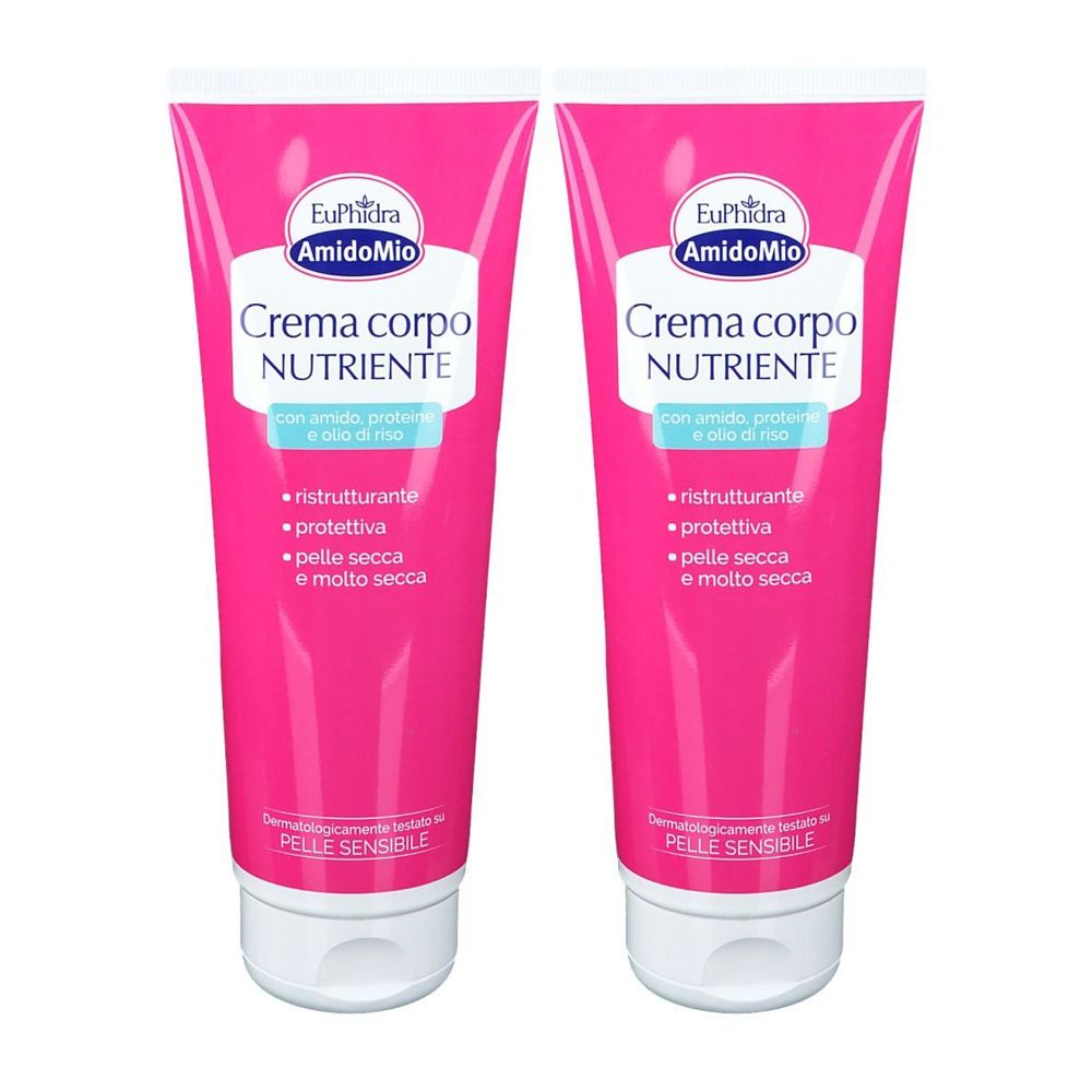 Deux tubes de crème pour le corps roses. Inscription : EuPhidra AmidoMio Crema corpo NUTRIENTE. Pour peaux sèches.