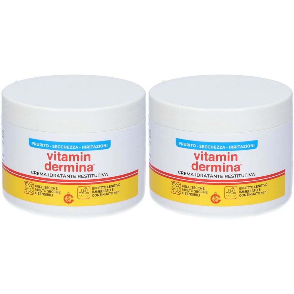 Zwei weiße Cremetiegel mit blauer und roter Beschriftung. Aufschrift: Vitamin Dermina, Creme Idratante Restitutiva.