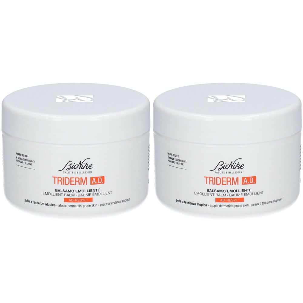 Deux pots blancs avec l'inscription TRIDERM A.D. et Balsamo Emolliente. Marque: BioNike.