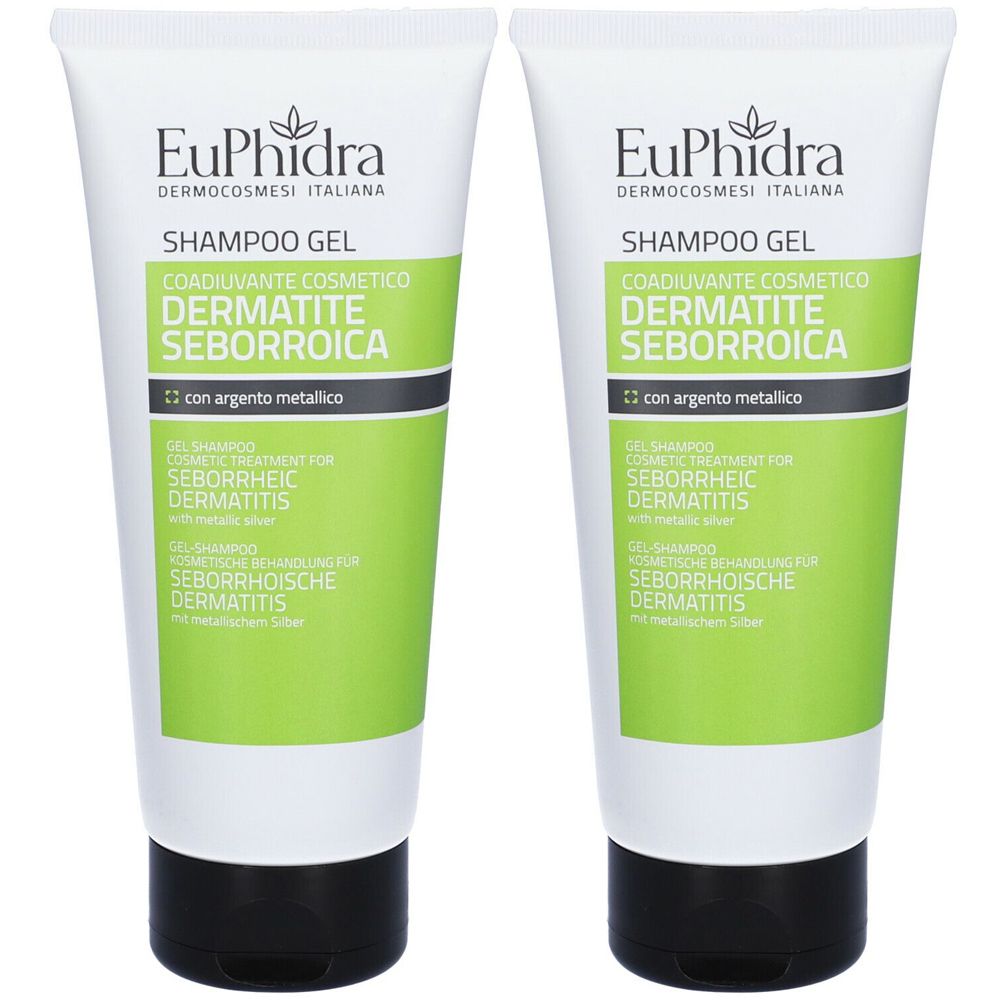 Deux tubes de gel shampooing. Blanc, avec des accents verts et noirs. Inscription : EuPhidra, Shampooing Gel, Dermatite Séborrhéique.