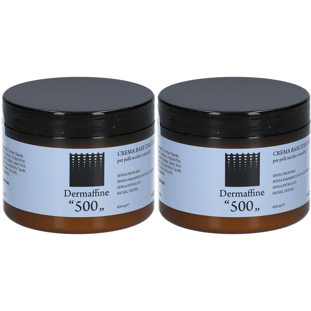 Zwei braune Tiegel mit schwarzen Deckeln. Auf den Etiketten steht "Dermaffine 500".