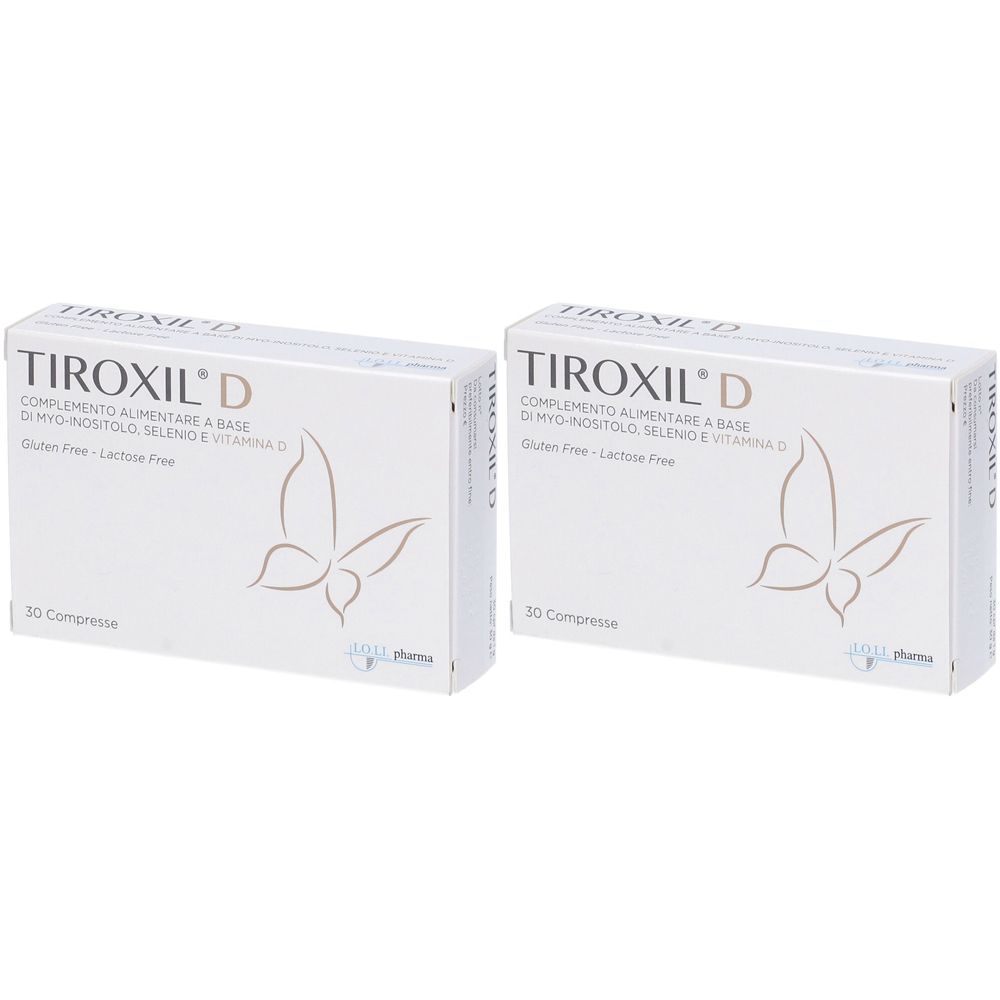 Deux boîtes blanches "Tiroxil D". Logo papillon. Texte: "COMPLEMENTO ALIMENTARE A BASE DI MYO-INOSITOLO, SELENIO E VITAMINA D". "30 Compresse".