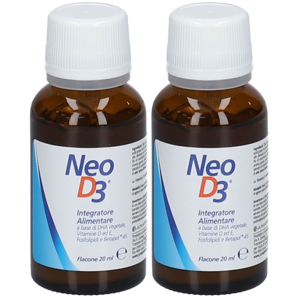 Deux flacons en verre brun avec bouchons blancs. Étiquette: Neo D3, Integratore Alimentare, Flacon 20 ml.