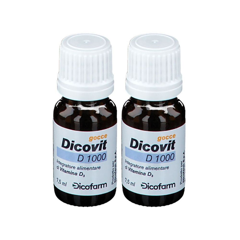 Deux flacons de gouttes Dicovit D 1000. Flacons en verre brun avec bouchons blancs et étiquettes. Inscription: Dicovit D 1000, 7,5 ml.