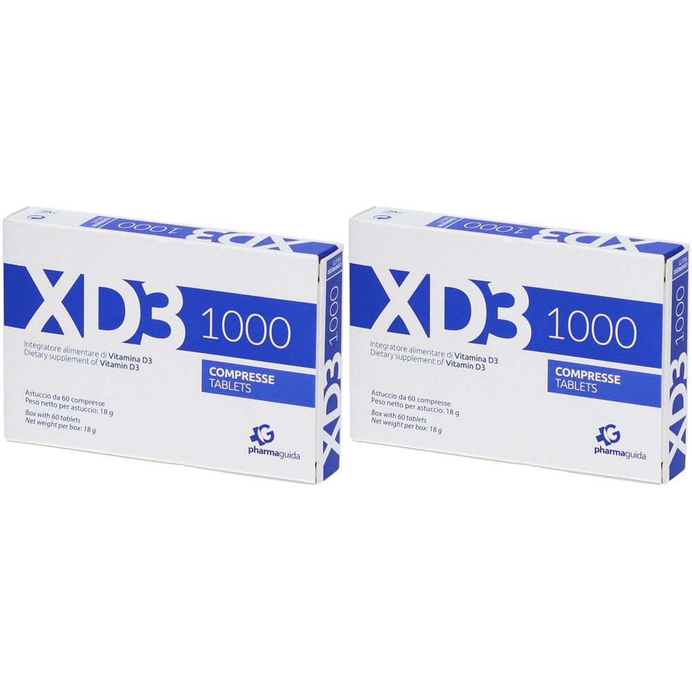 Zwei weiße Schachteln mit blauem Schriftzug „XD3 1000“. Aufschrift: „COMPRESSE TABLETS“. Nahrungsergänzungsmittel mit Vitamin D3.