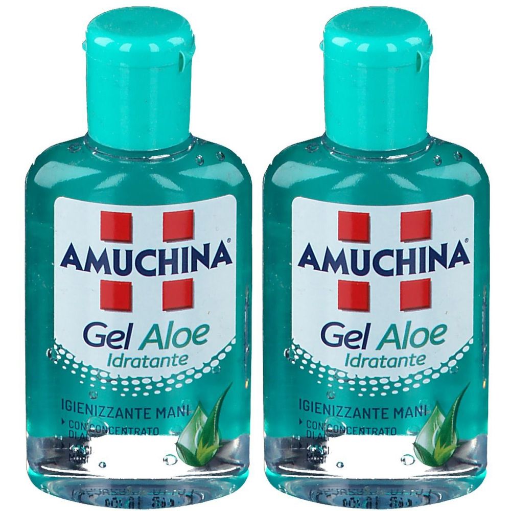 Zwei Flaschen AMUCHINA Gel Aloe. Türkisgrüne Kappen, weiße Etiketten mit rotem Logo und Produktbezeichnung.