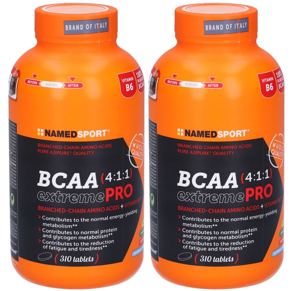Deux flacons orange de compléments BCAA. Inscription : BCAA (4:1:1) extremePRO, 310 comprimés. Marque : NamedSport.