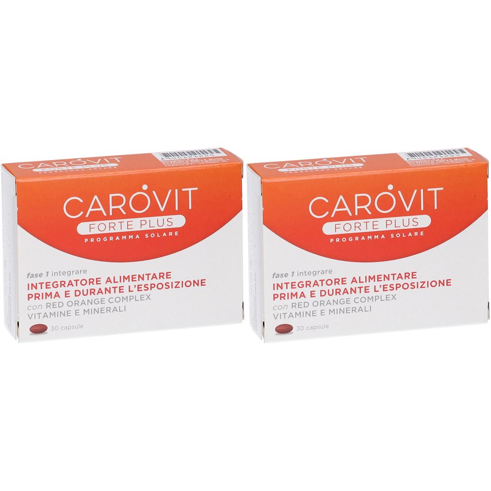 Deux boîtes CAROVIT FORTE PLUS. Inscription: Integratore Alimentare Prima e Durante l'Esposizione. Complexe Orange Rouge.
