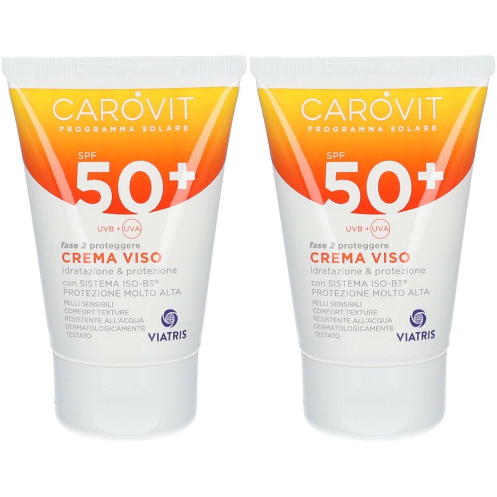 Zwei Tuben CAROVIT Sonnencreme, SPF 50+. Weiße Tuben mit gelb-orangem Etikett. Text: CREMA VISO, VIATRIS.