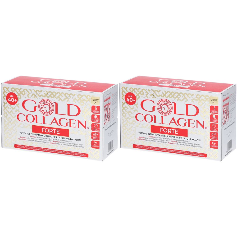 Deux boîtes de Gold Collagen Forte. Emballage blanc, rouge et or avec nom et logo du produit. Pour les plus de 40 ans.