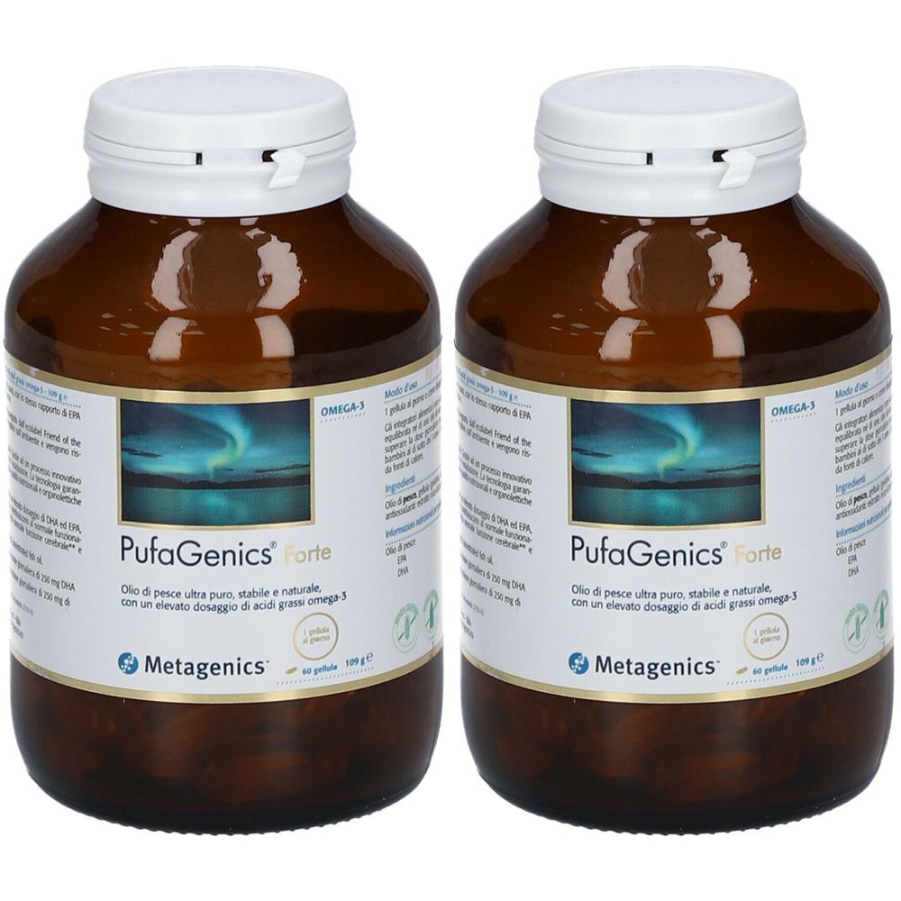 Deux flacons bruns avec des couvercles blancs. Les étiquettes indiquent "PufaGenics Forte" et "Metagenics".