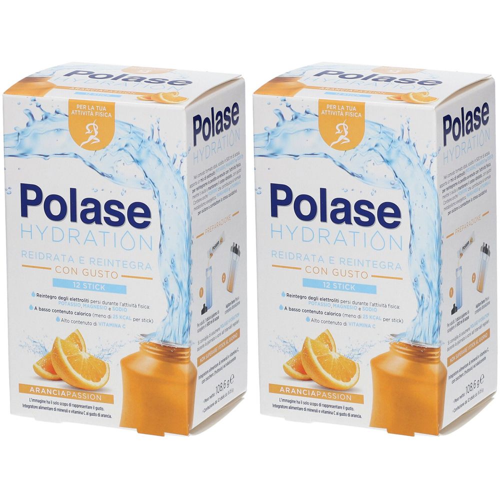 Zwei Kartons mit der Aufschrift Polase Hydration. Aufdruck: Reintegra, mit Geschmack, Aranciapassion. Orangen-Abbildung.