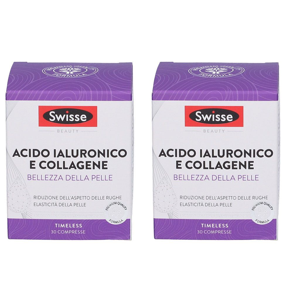 Zwei Schachteln mit Swisse-Nahrungsergänzungsmitteln. Aufschrift: Acido Ialuronico e Collagene, Timeless 30 Compresse.