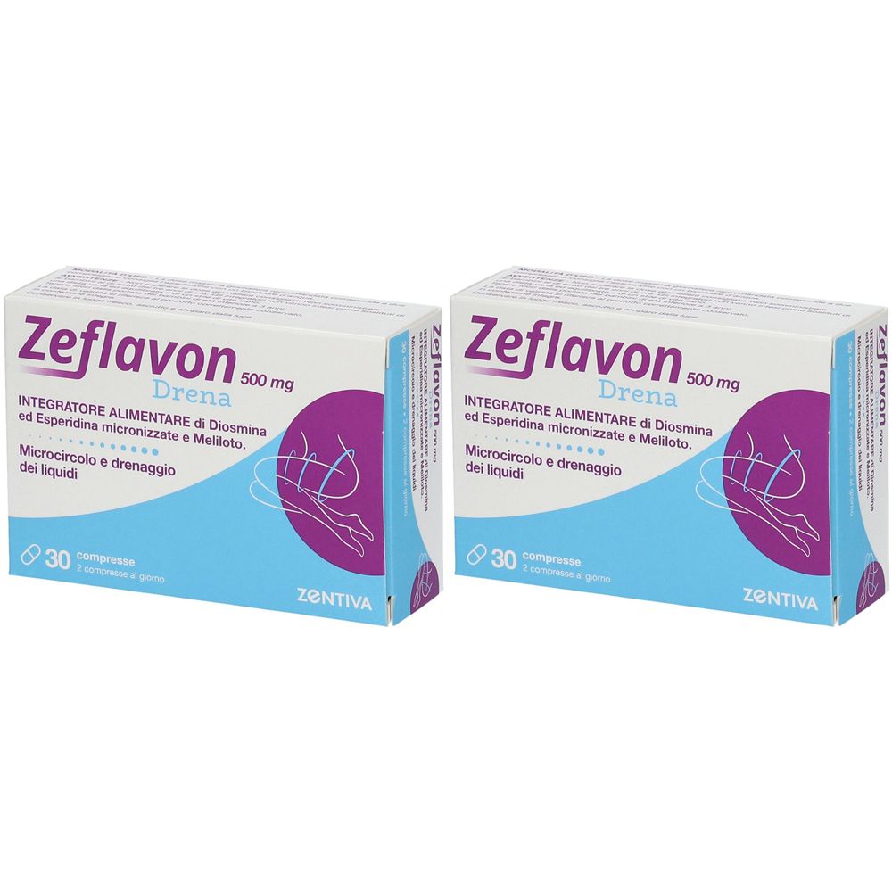 Deux boîtes de Zeflavon Drena. Inscription : 500 mg, 30 comprimés. Marque Zentiva. Emballage bleu, blanc et violet.