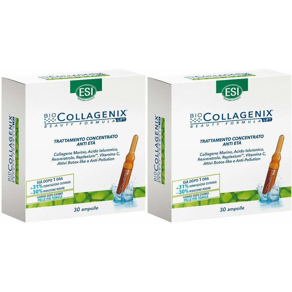 Deux boîtes blanches avec impression du produit. Inscription : ESI Biocollagenix, Trattamento Concentrato Anti-Età. 30 ampoules.