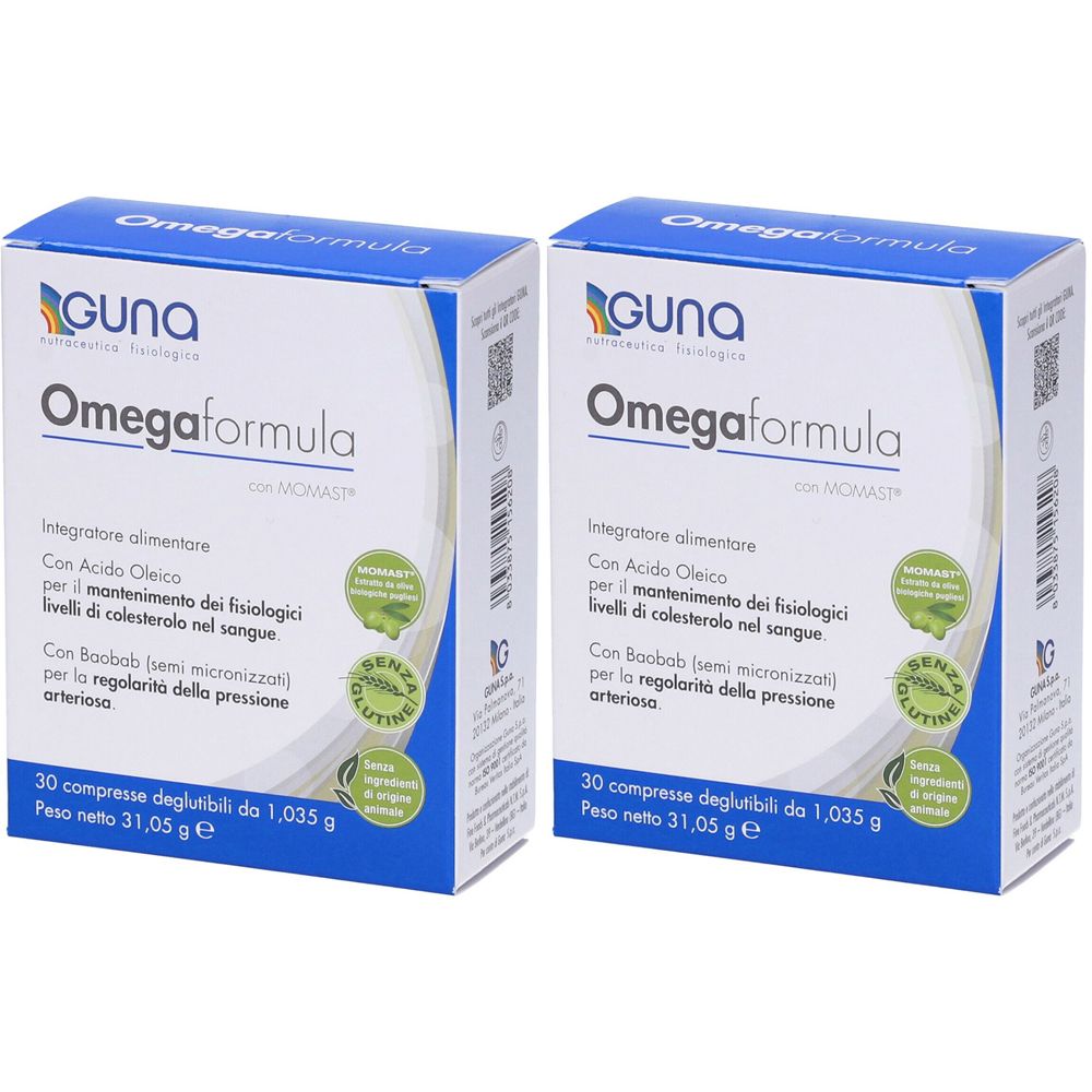 Deux boîtes bleues "Omegaformula" avec le logo Guna. Chaque boîte contient 30 comprimés. Texte en italien.