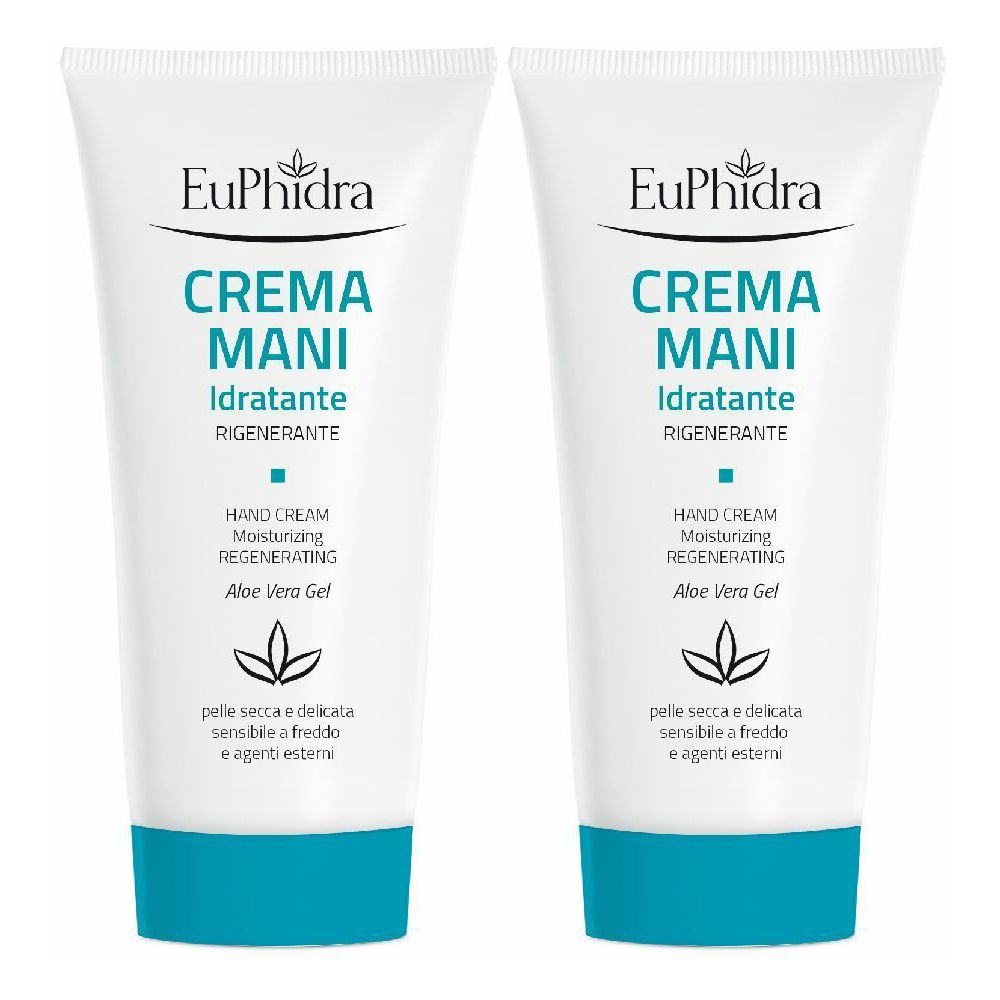 Deux tubes blancs de crème pour les mains. Inscription : EuPhidra, CREMA MANI, Idratante, Rigenerante. Bouchon turquoise.