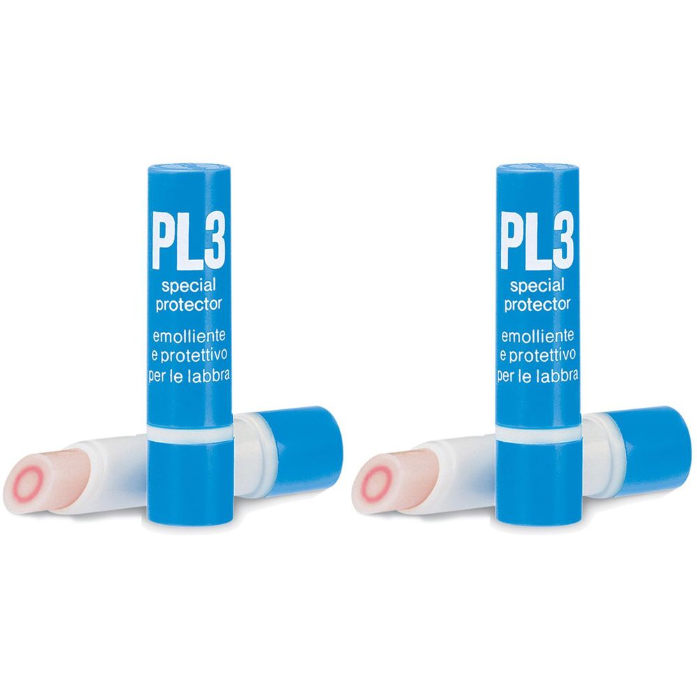 Deux sticks de soin pour les lèvres, étuis bleus, bâton blanc. Inscription "PL3 special protector".