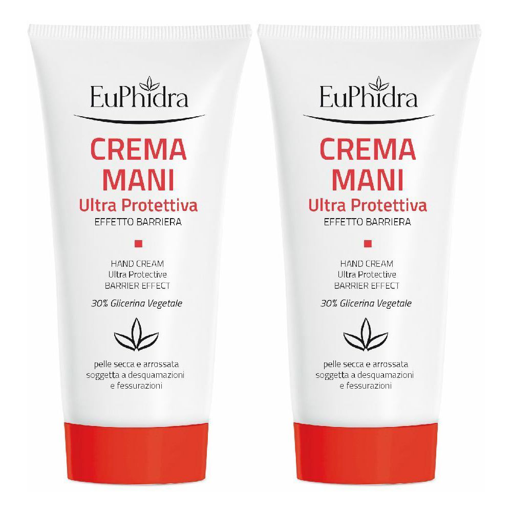 Zwei Tuben Handcreme. Weiß, mit roter Schrift und rotem Verschluss. Aufschrift: EuPhidra, CREMA MANI, Ultra Protettiva, Handcreme.