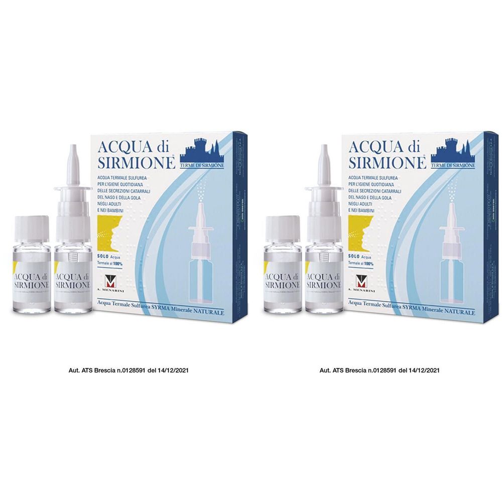 Deux ensembles de sprays nasaux et flacons. L'emballage porte la mention "Acqua di Sirmione".