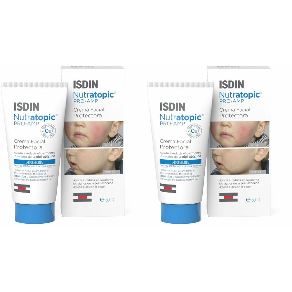 Deux tubes et deux boîtes. Les tubes et les boîtes portent l'inscription ISDIN Nutratopic PRO-AMP Crema Facial Protectora.