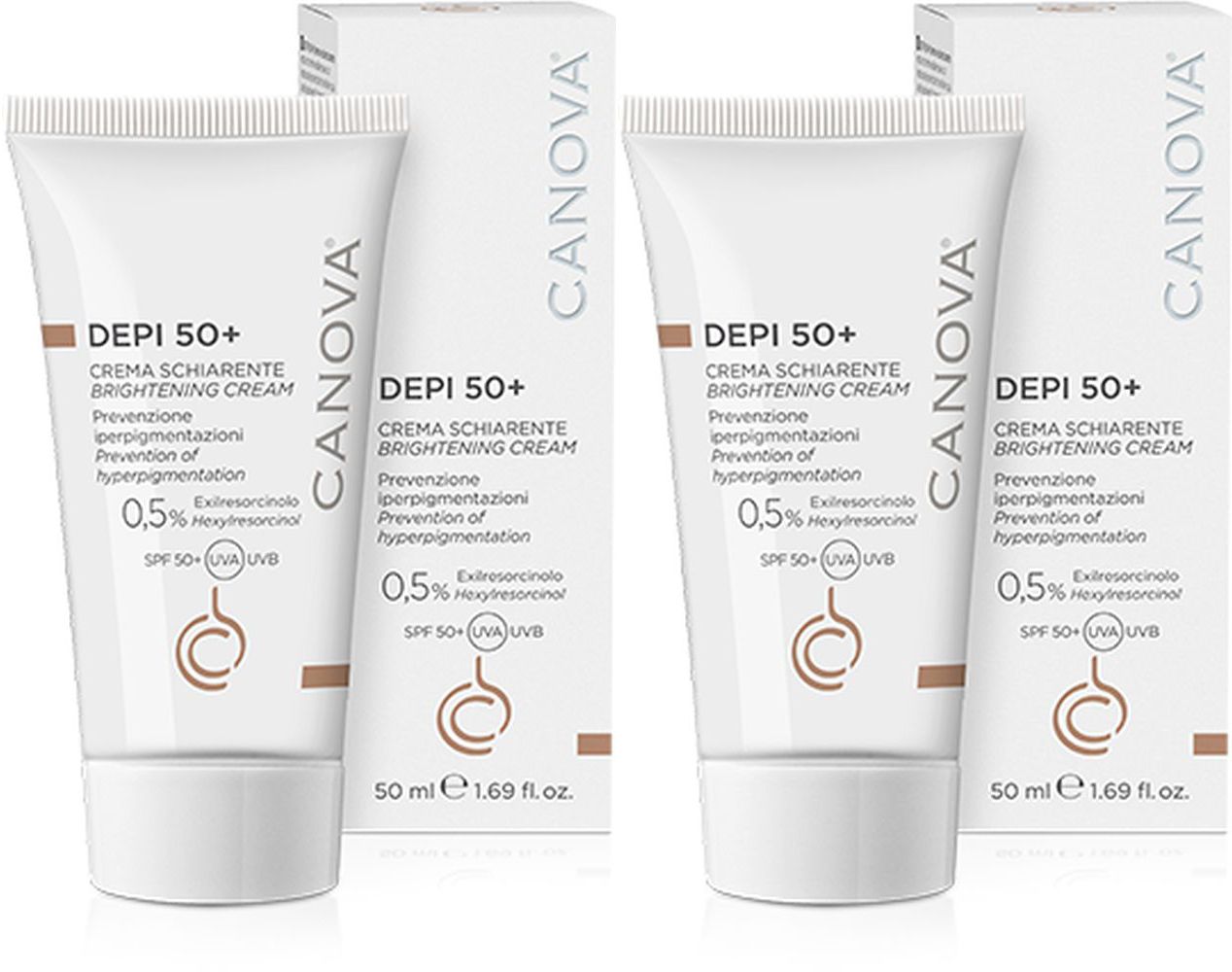 Zwei Tuben und zwei Kartons. Aufschrift: DEPI 50+, CREMA SCHIARENTE BRIGHTENING CREAM, CANOVA. Enthält 0,5% Hexylresorcinol, SPF 50+ UVA/UVB.