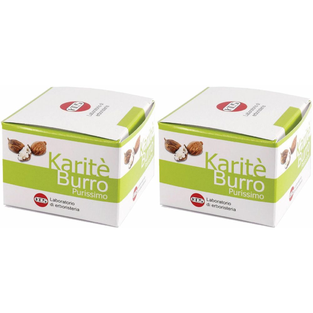 Deux boîtes carrées avec inscription verte et blanche « Karité Burro Purissimo ». Logo en haut à gauche.