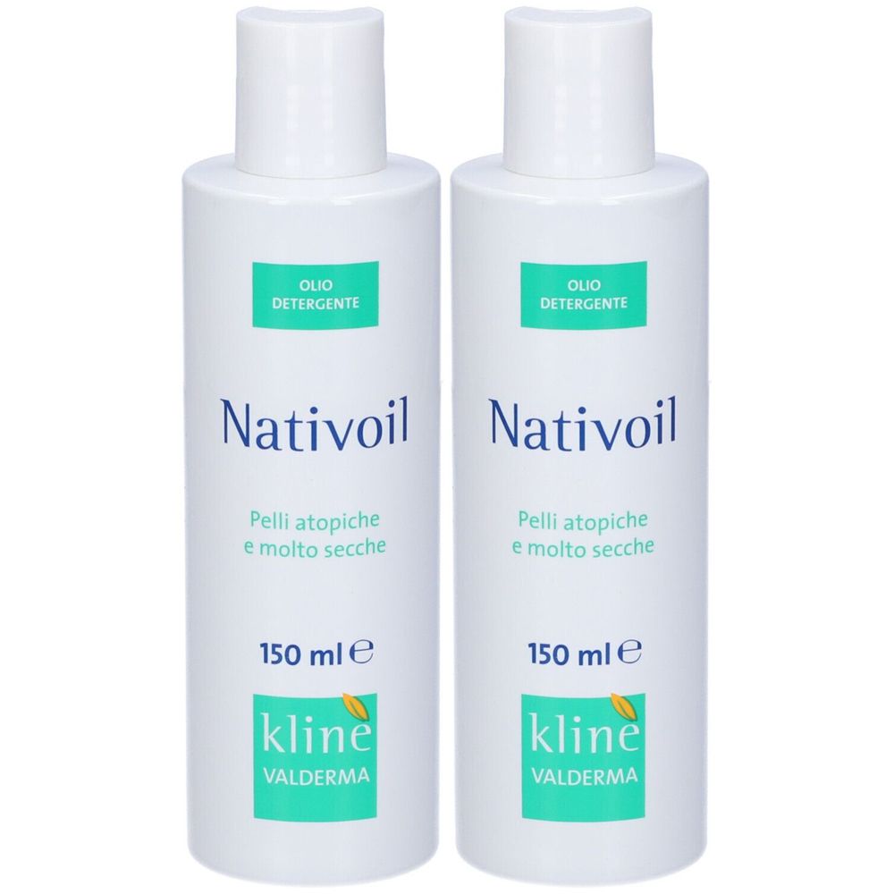 Zwei weiße Flaschen mit grünem Etikett. Aufschrift: Nativoil, Olio Detergente, Pelli atopiche e molto secche. Marke: Kline Valderma.