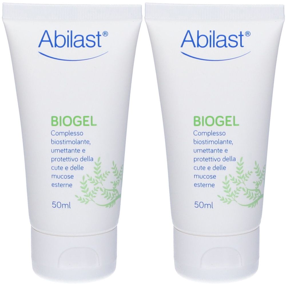Zwei weiße Tuben mit dem Aufdruck "Abilast" und "BIOGEL". Text in italienischer Sprache. Auf jeder Tube steht "50ml".