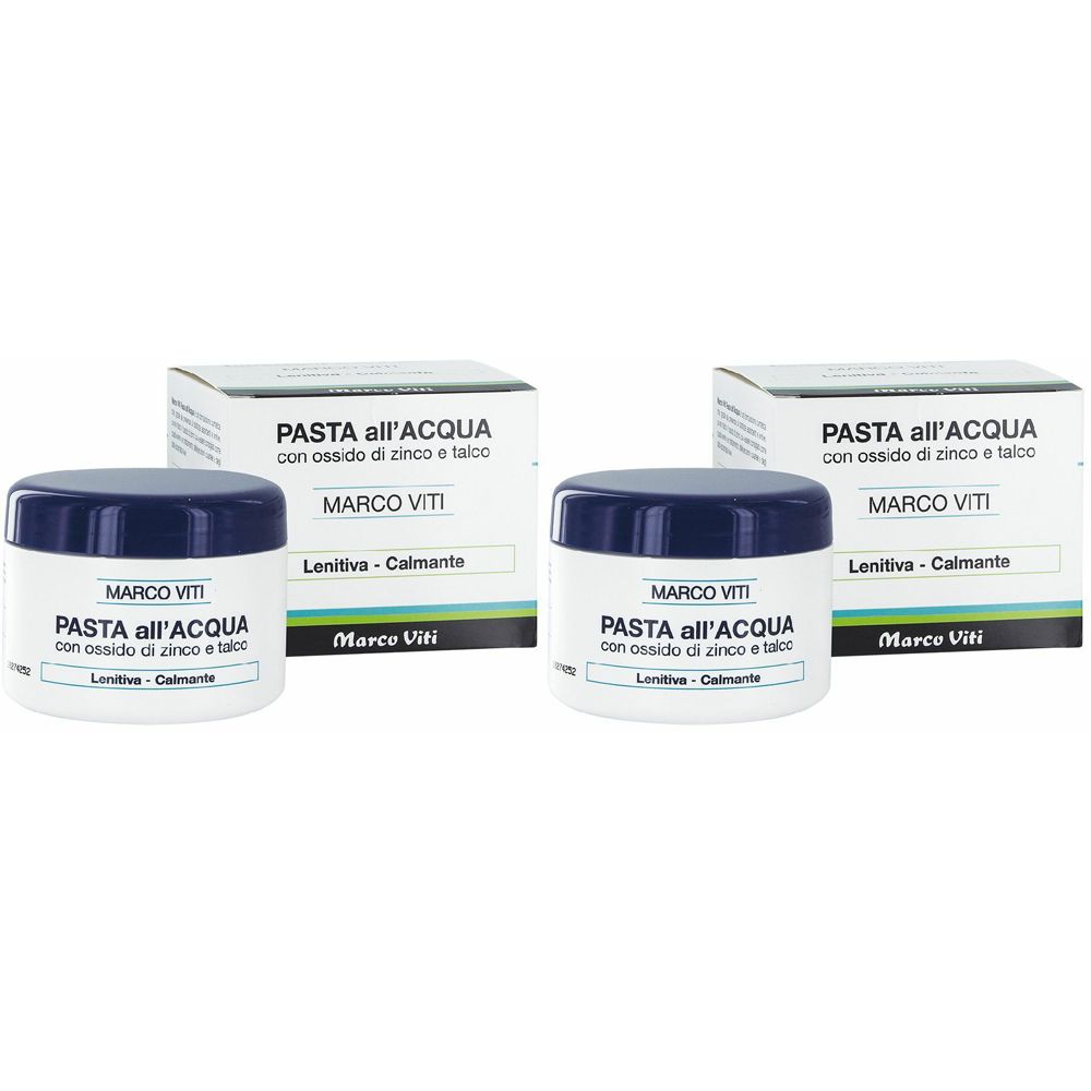 Zwei Tiegel mit blauer Kappe und Kartonverpackung. Aufschrift: PASTA all'ACQUA, MARCO VITI.