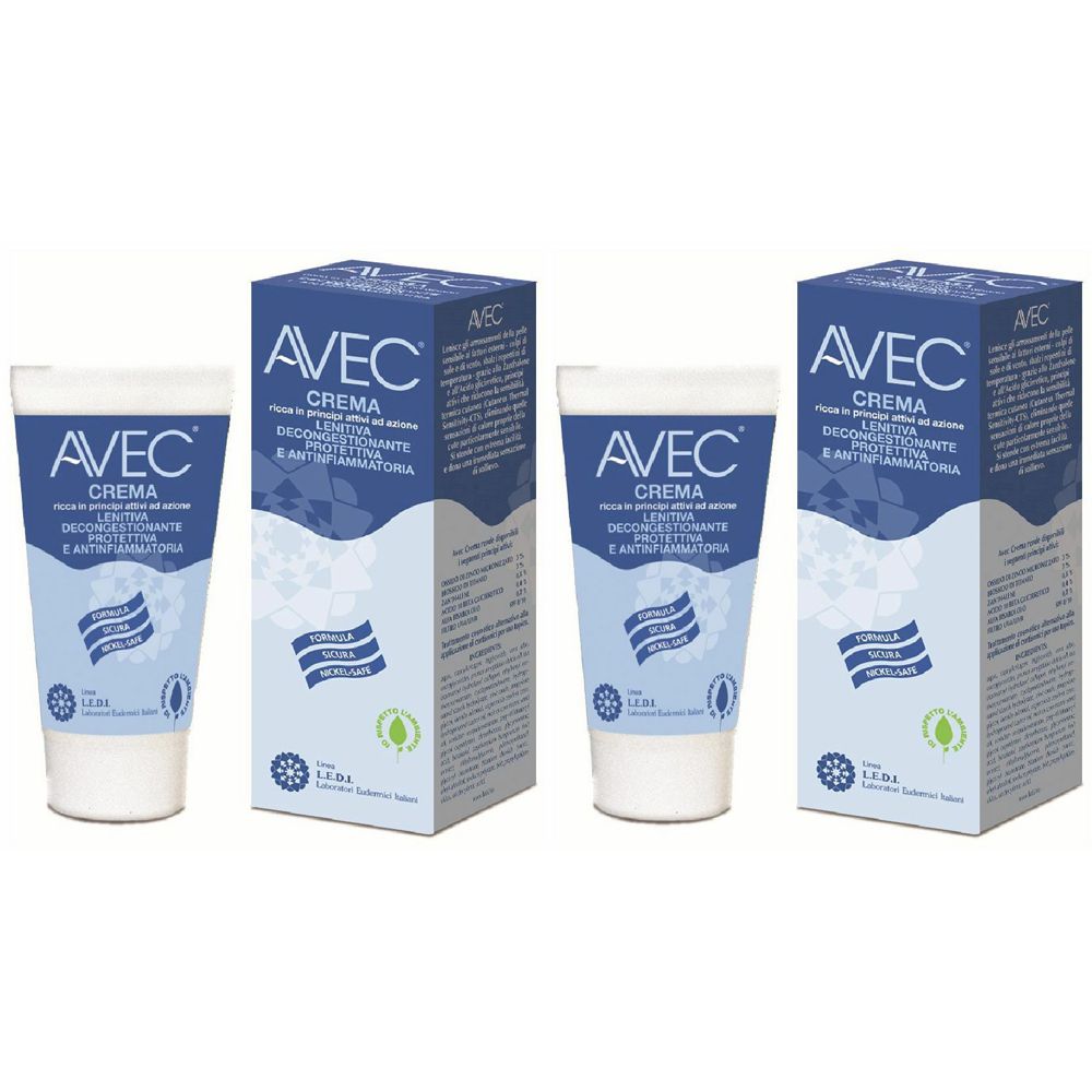 Zwei Tuben und zwei Schachteln. Auf den Tuben und Schachteln steht "AVEC CREMA". Blaue und weiße Verpackung.