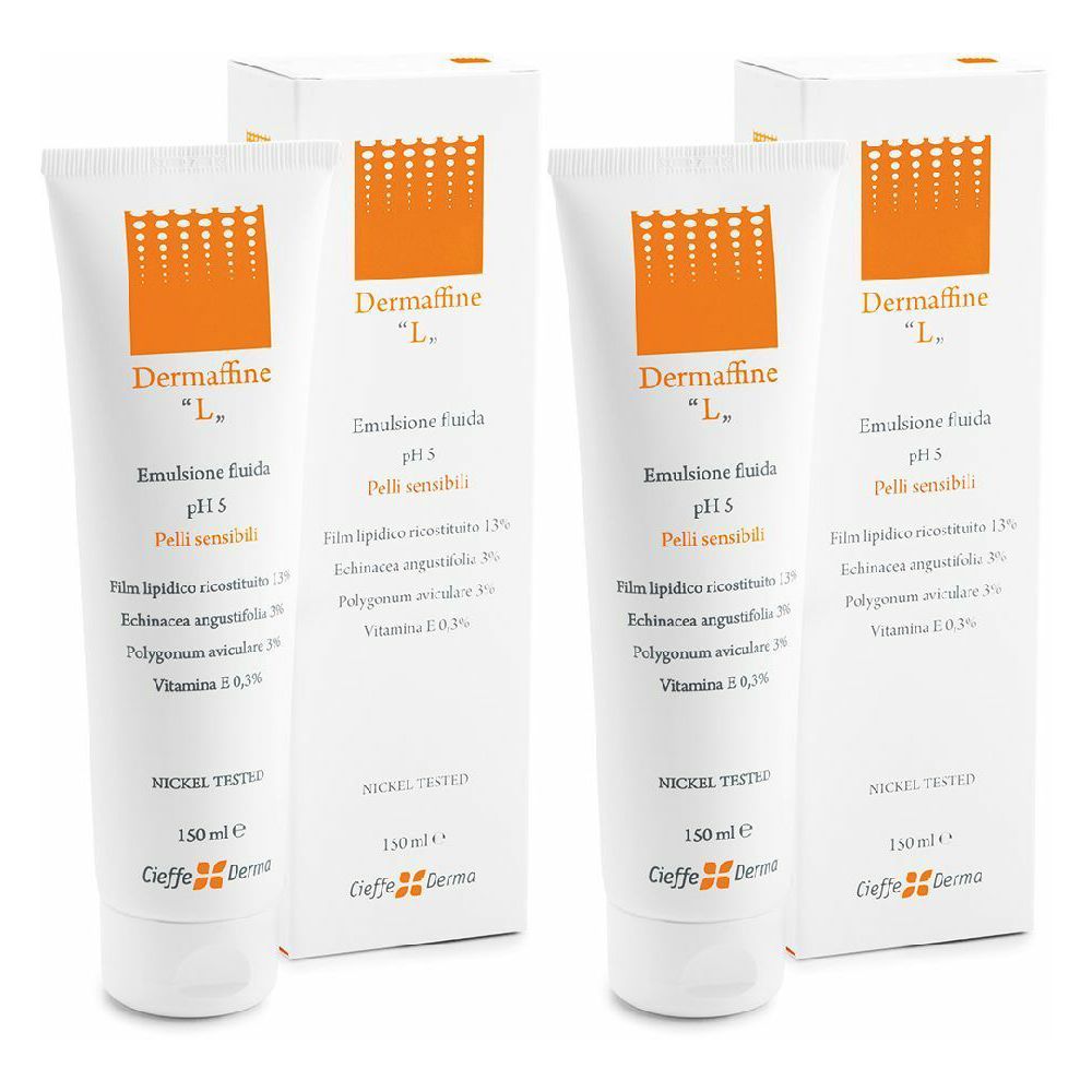 Deux tubes et deux boîtes avec impression du produit. Impression : Dermaffine "L.", Emulsion, pH 5, Pelli sensibili.