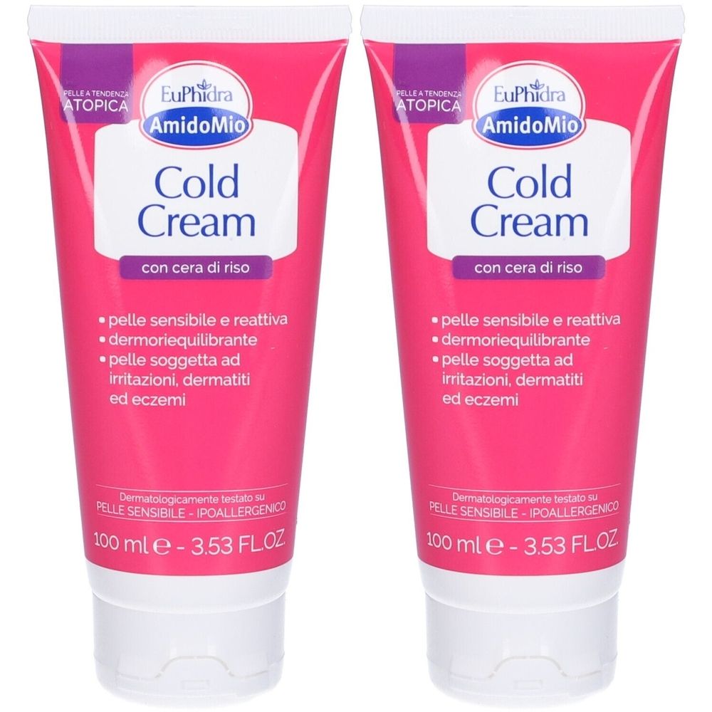 Zwei Tuben EuPhidra AmidoMio Cold Cream. Rosa Tuben mit weißem Etikett. Text: Cold Cream, mit Reiskernwachs. Für empfindliche Haut.
