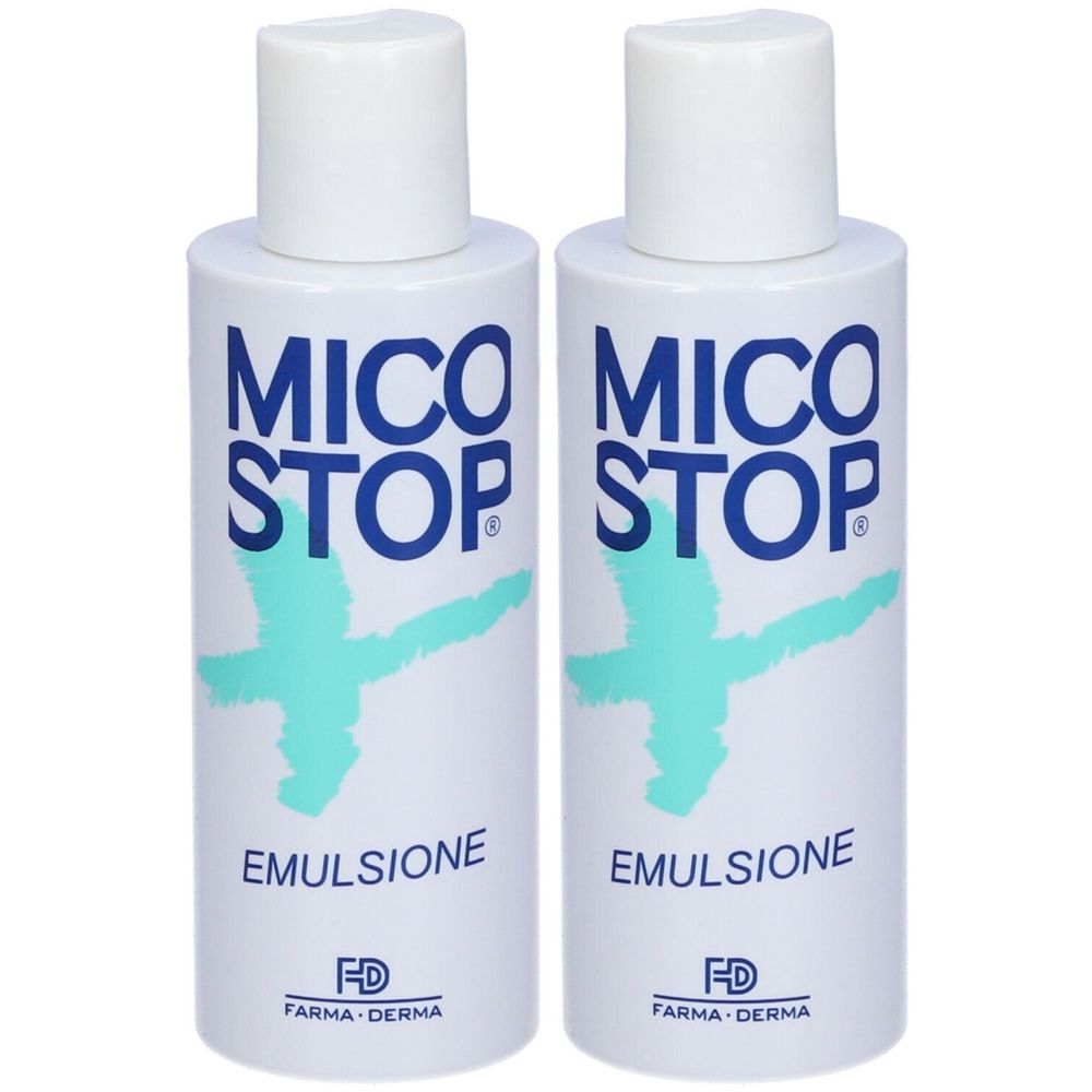 Deux flacons blancs avec logo bleu « MICO STOP » et « EMULSIONE ». Marque « FARMA DERMA ».