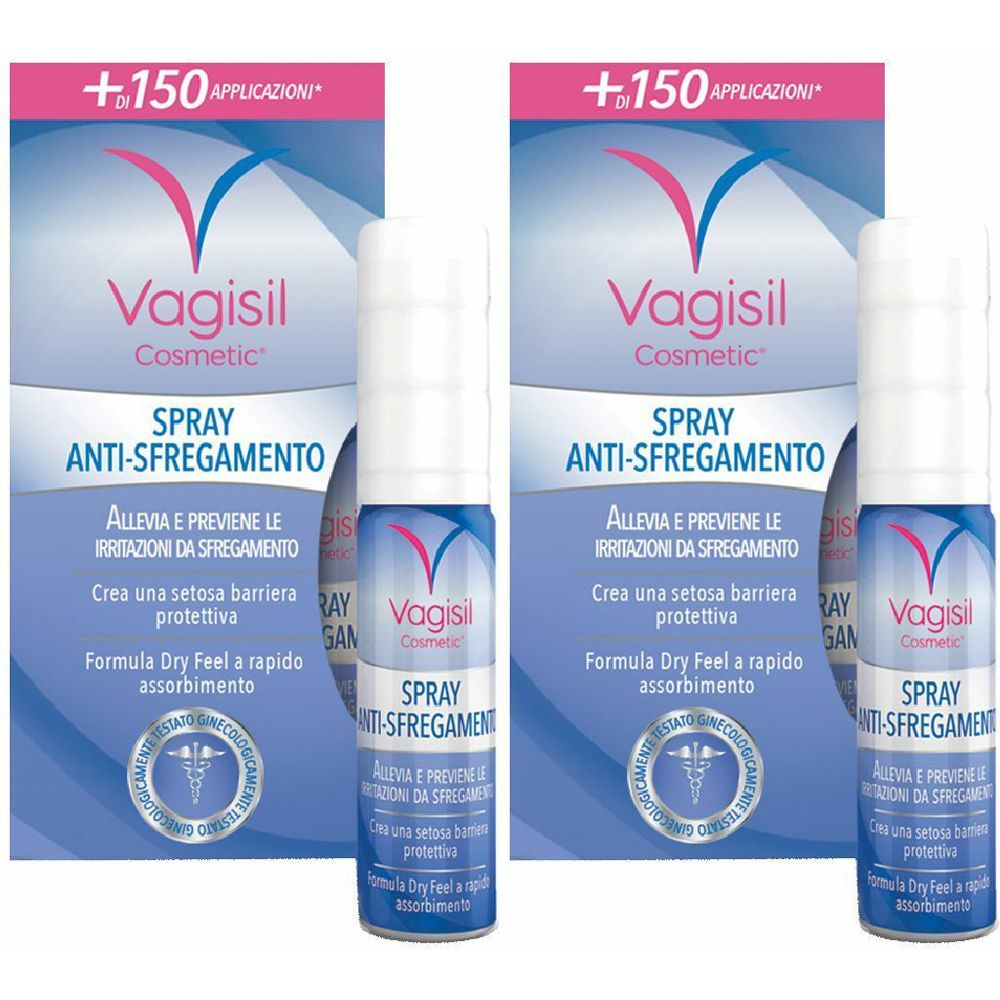 Deux sprays Vagisil anti-frottements, avec emballage. Flacons bleus, bouchons blancs. Texte : Spray Anti-Sfregamento.