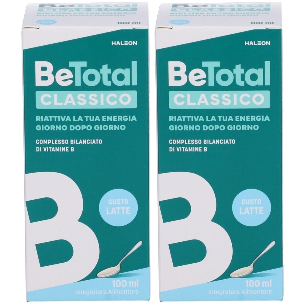 Zwei weiße Kartons mit "Be-Total"-Logo und "B"-Symbol. Text: "Integratore di Vitamine B".