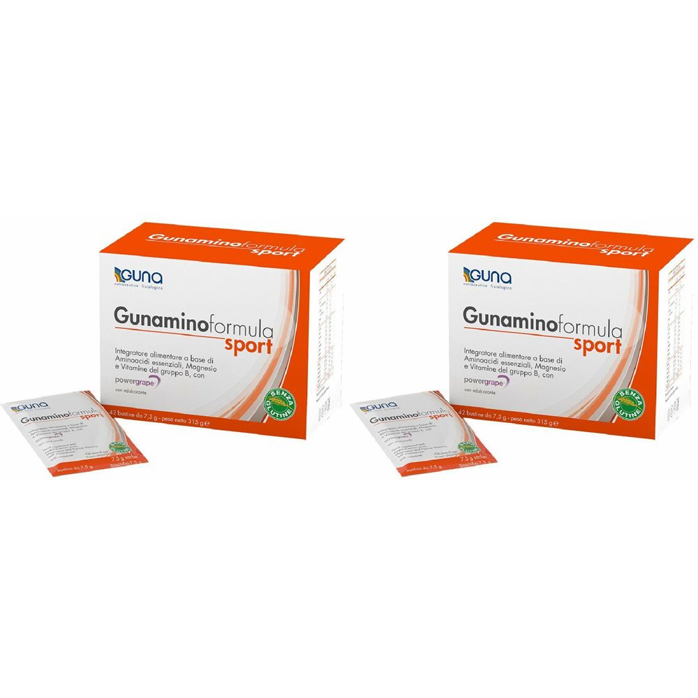Deux boîtes de "Guna Gunaminoformula Sport" et deux sachets. Emballage blanc et orange avec nom du produit et logo.