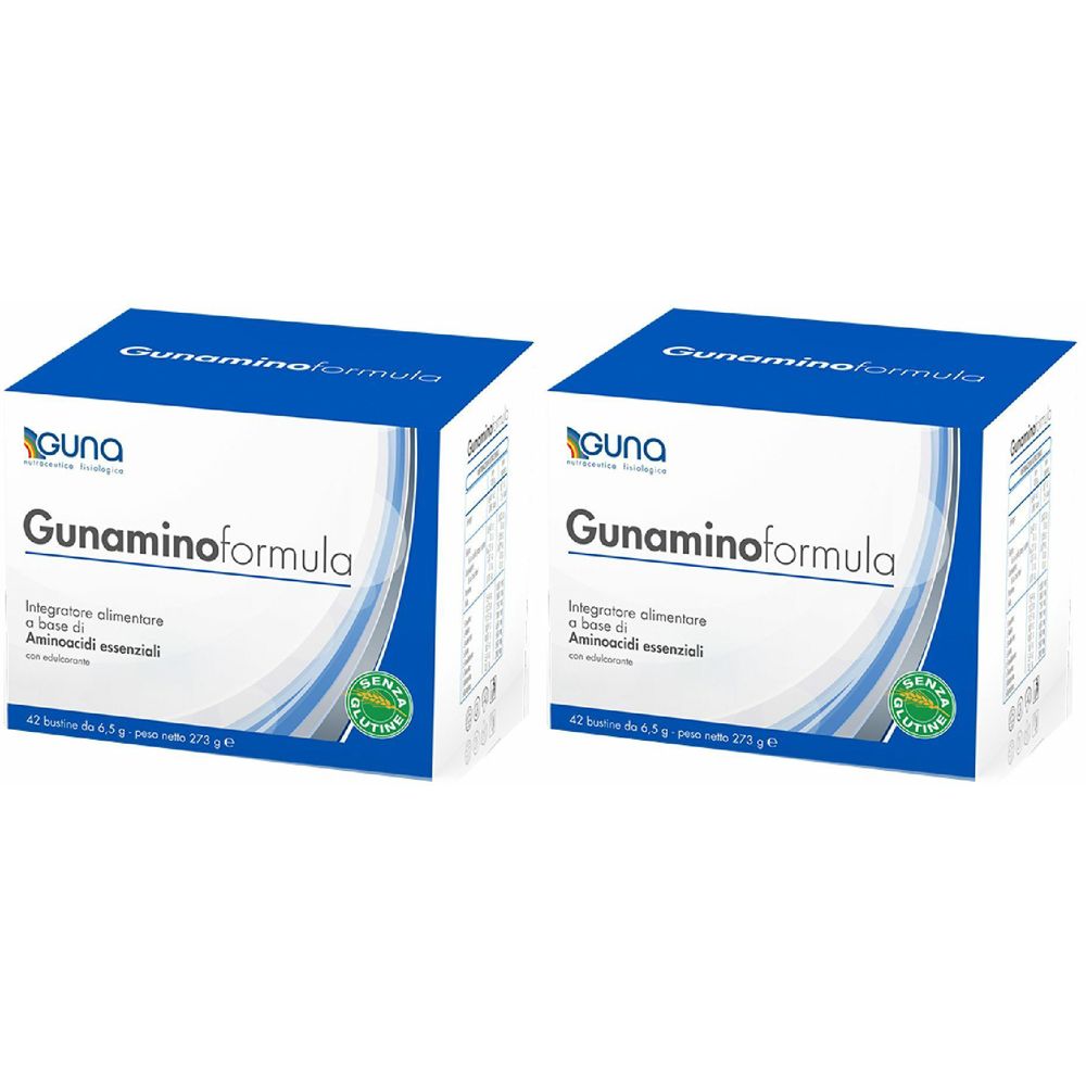 Deux boîtes de Guna Gunaminoformula. Emballage bleu et blanc avec nom et logo du produit. Texte en italien.