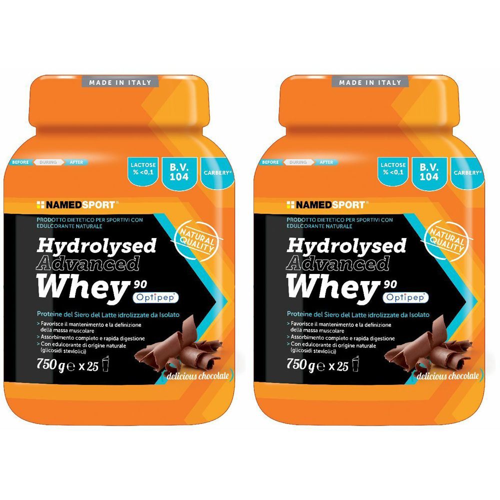 Deux boîtes oranges avec "Hydrolysed Advanced Whey 90". Contient 750g. Logo "NAMED SPORT" et mention "Made in Italy".