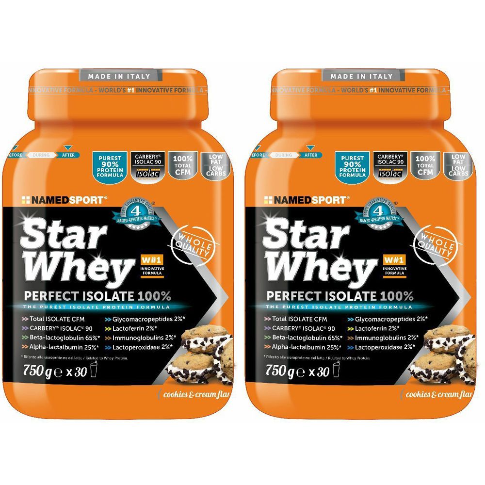 Deux pots orange avec l'inscription Star Whey. Inscription : PERFECT ISOLATE 100%. Contient 750g x 30. Cookies & Cream.