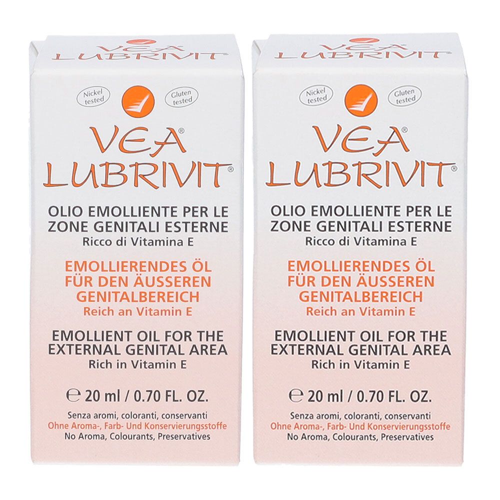 Deux boîtes blanches avec texte. Inscription: VEA LUBRIVIT, huile pour la zone génitale externe. Testé au nickel et sans gluten.