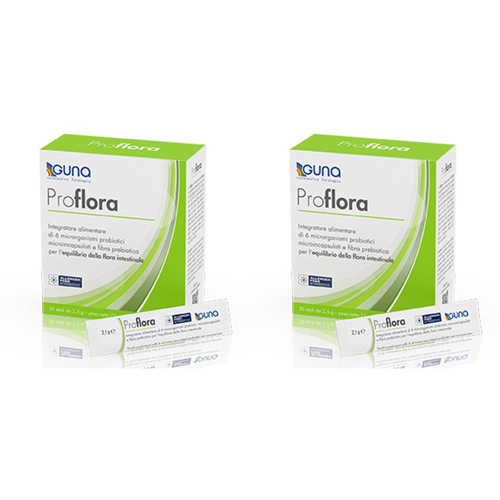 Deux boîtes "Proflora" et un sachet. Emballage vert et blanc. Ingrédients pour l'équilibre de la flore intestinale.