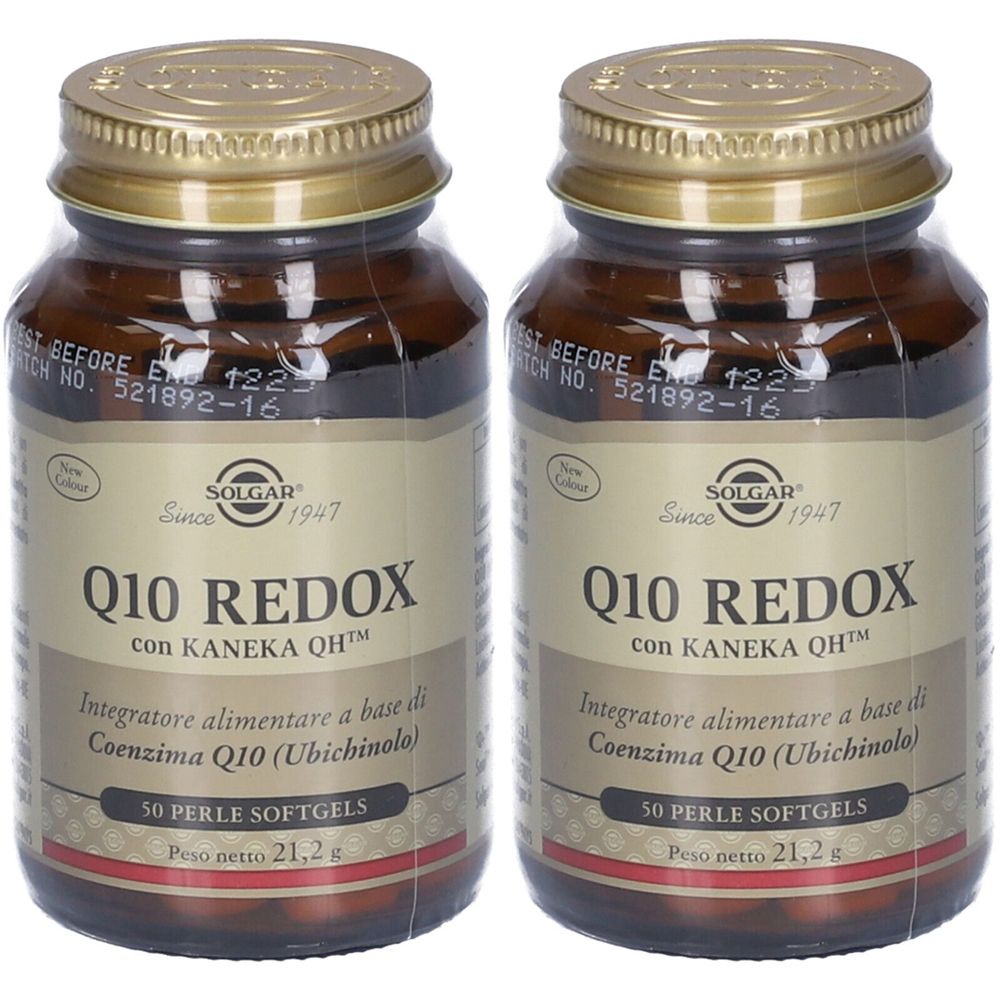 Deux flacons en verre brun avec des couvercles dorés. Les étiquettes indiquent "Q10 REDOX" et "SOLGAR".