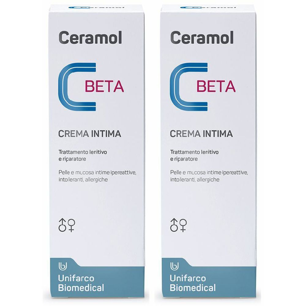 Deux boîtes blanches avec le nom Ceramol, C Beta et du texte. En bas, Unifarco Biomedical.